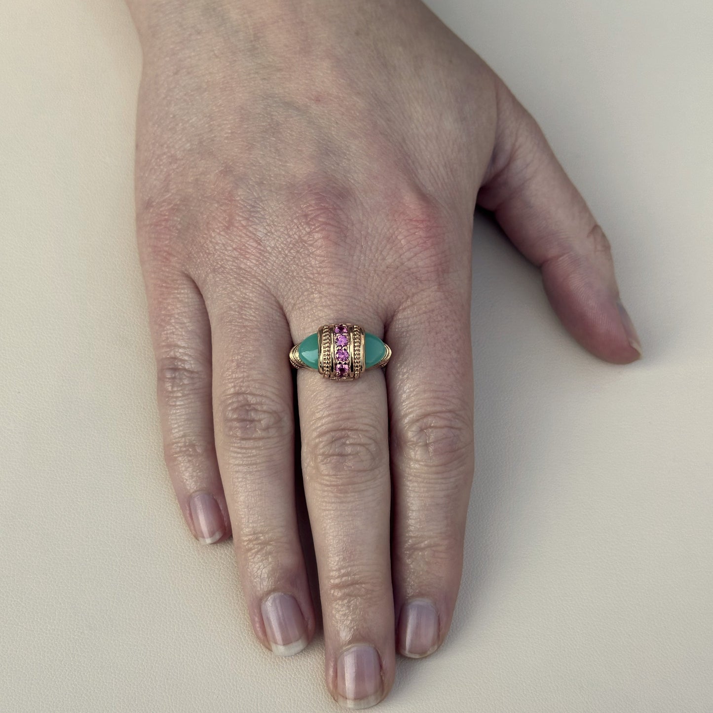 18k Rose Gold Chrysoprase and Sapphire Arch Ring
