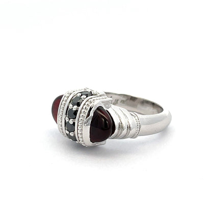 18k White Gold Arch Ring with Garnets and Black Diamonds