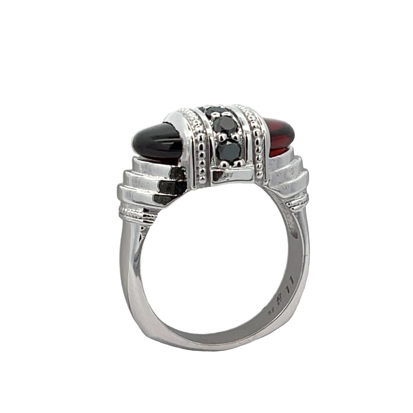 18k White Gold Arch Ring with Garnets and Black Diamonds
