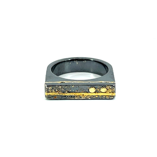 Oxidized Sterling Silver Men's Signet Style Ring with 18k Yellow Gold rivets