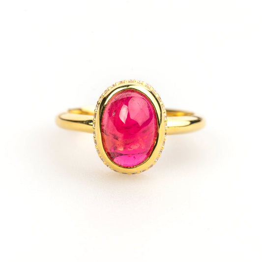 18k Yellow Gold Red Tourmaline and Diamond Ring