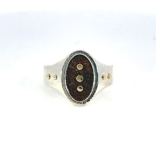 Sterling Silver ring with Rusted Iron and 18k Yellow Gold Rivets