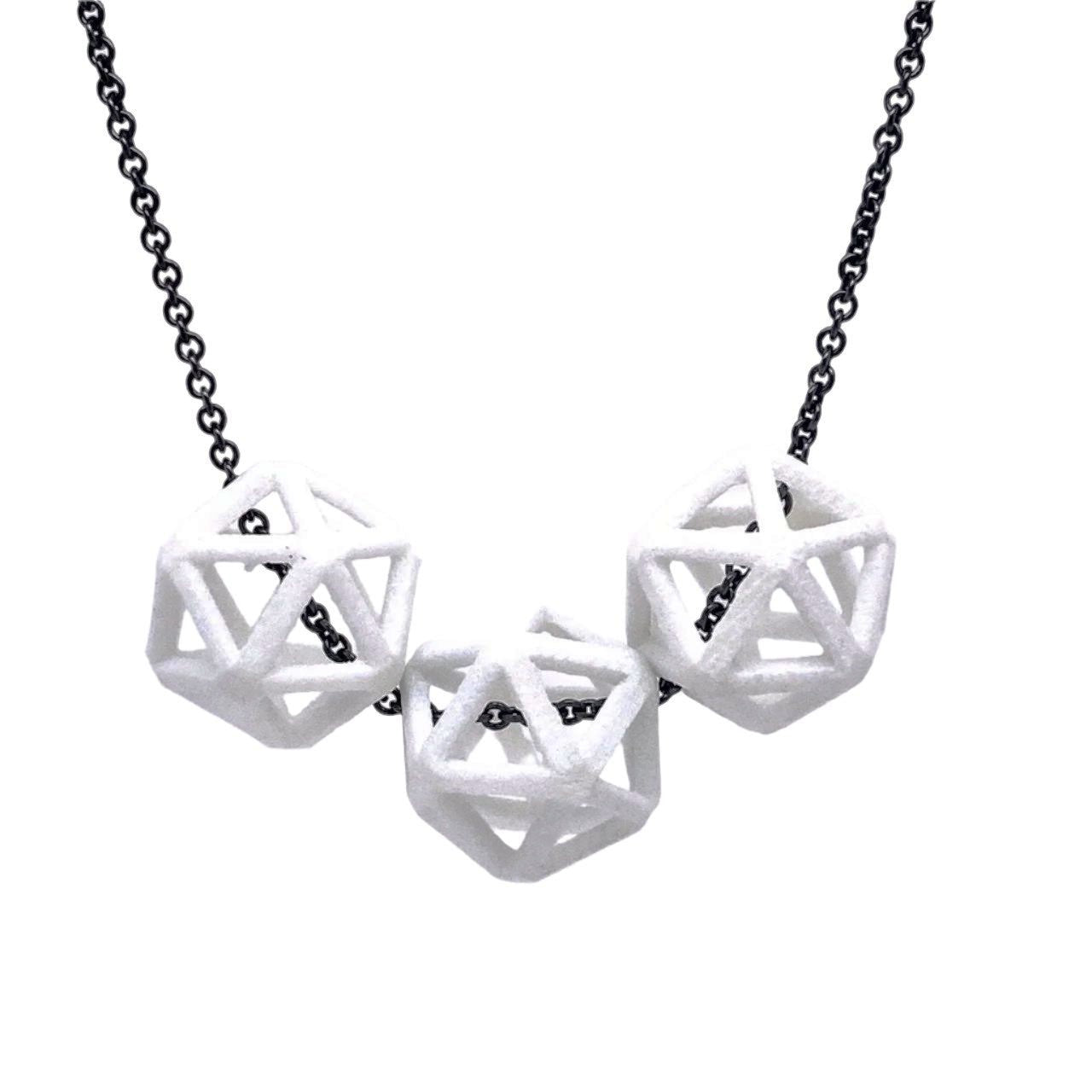 White Nylon Isohedron Trio on an Oxidized Sterling Silver Chain