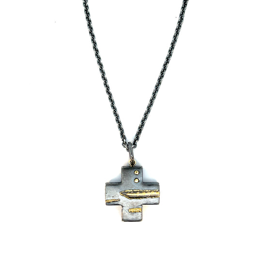Oxidized Sterling Silver Cross Pendant with 18k Gold Rivets and 22k Gold Detailing