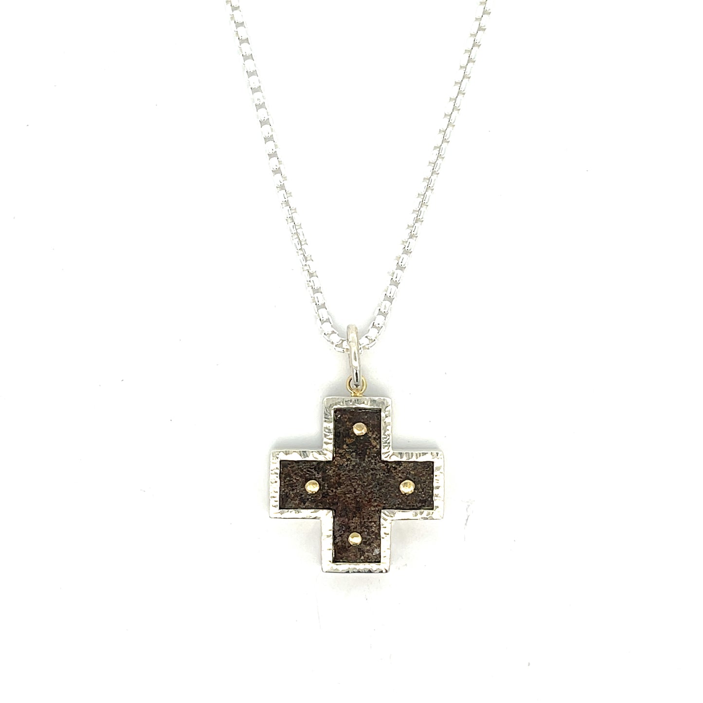 Rusted Iron Cross Pendant Necklace Backed with Sterling Silver with 18k Yellow Gold Rivets