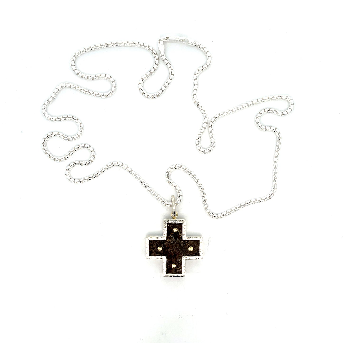 Rusted Iron Cross Pendant Necklace Backed with Sterling Silver with 18k Yellow Gold Rivets