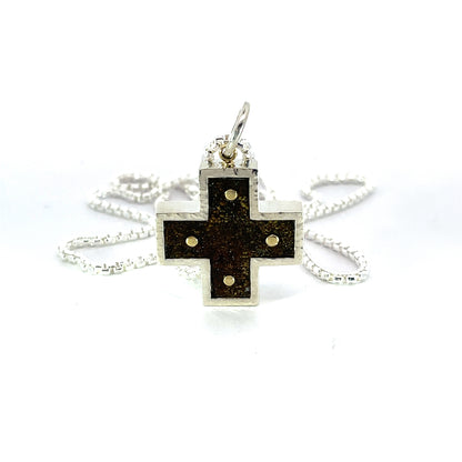 Rusted Iron Cross Pendant Necklace Backed with Sterling Silver with 18k Yellow Gold Rivets