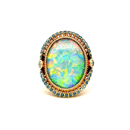 18k Rose Gold Australian Opal Ring with Blue and Yellow Diamonds