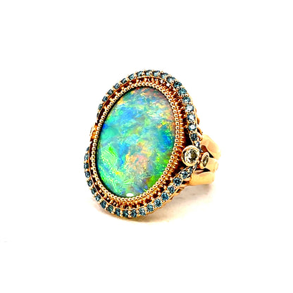 18k Rose Gold Australian Opal Ring with Blue and Yellow Diamonds