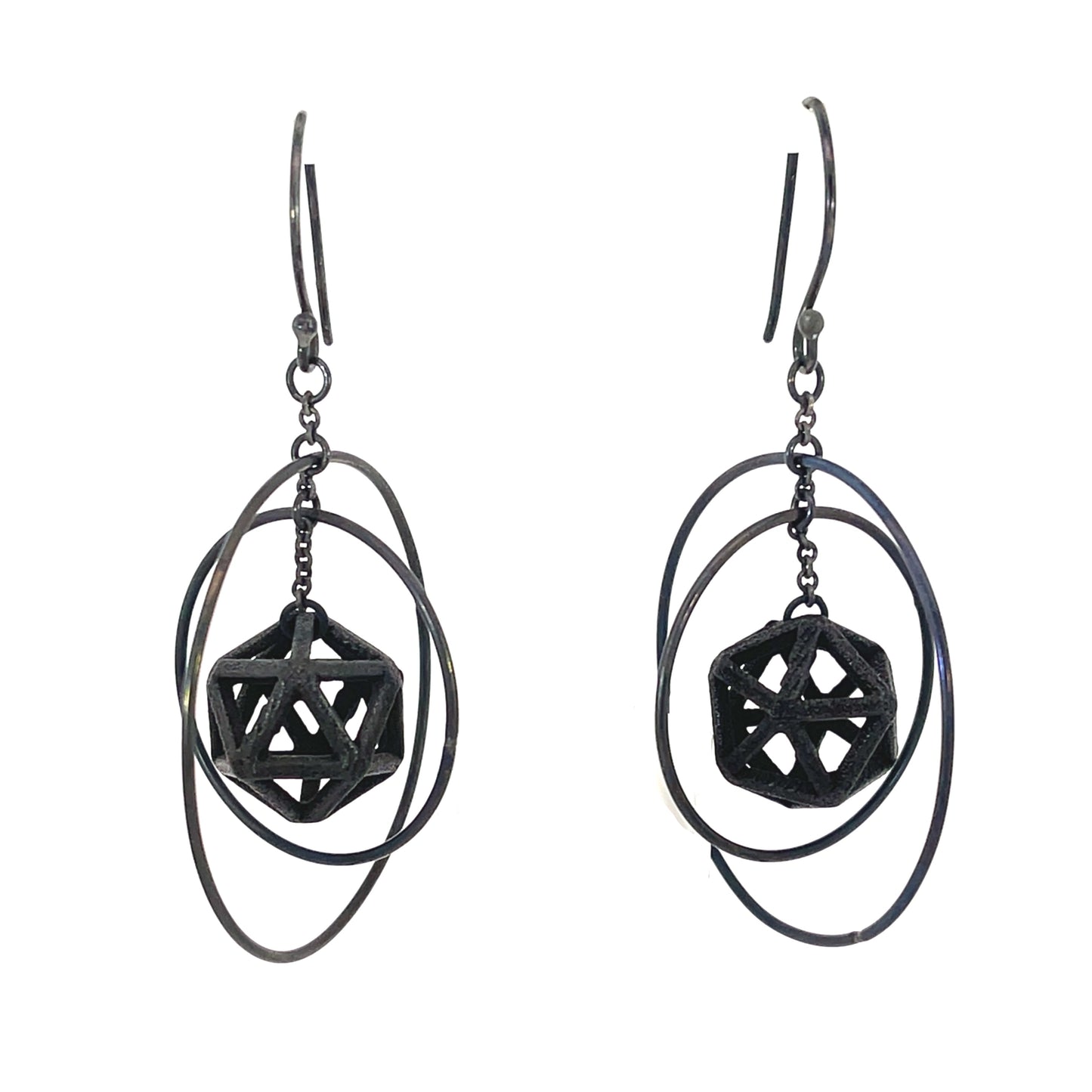 Oxidized Sterling Silver and Nylon Orbit Isohedron Earrings
