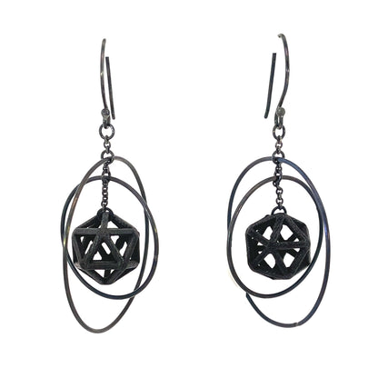 Oxidized Sterling Silver and Nylon Orbit Isohedron Earrings
