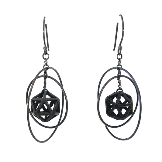 Oxidized Sterling Silver and Nylon Orbit Isohedron Earrings