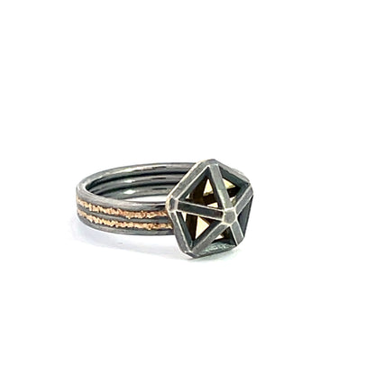 Oxidized Sterling Silver and 14k Gold Medium Pentagon Triple Band Ring