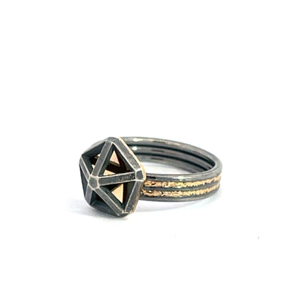Oxidized Sterling Silver and 14k Gold Medium Pentagon Triple Band Ring