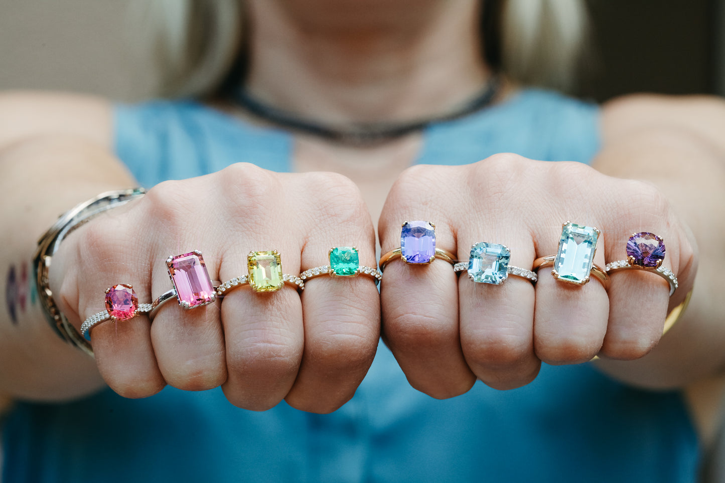 18k White Gold Pink Tourmaline Ring accented by two Rainbow Hidden Halos