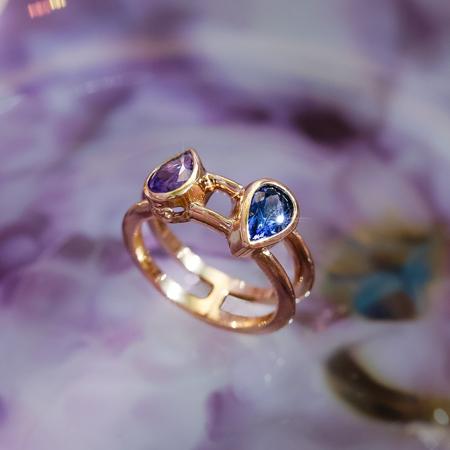 18k Rose Gold Ring with Two Pear Shaped Sri Lankan Sapphire