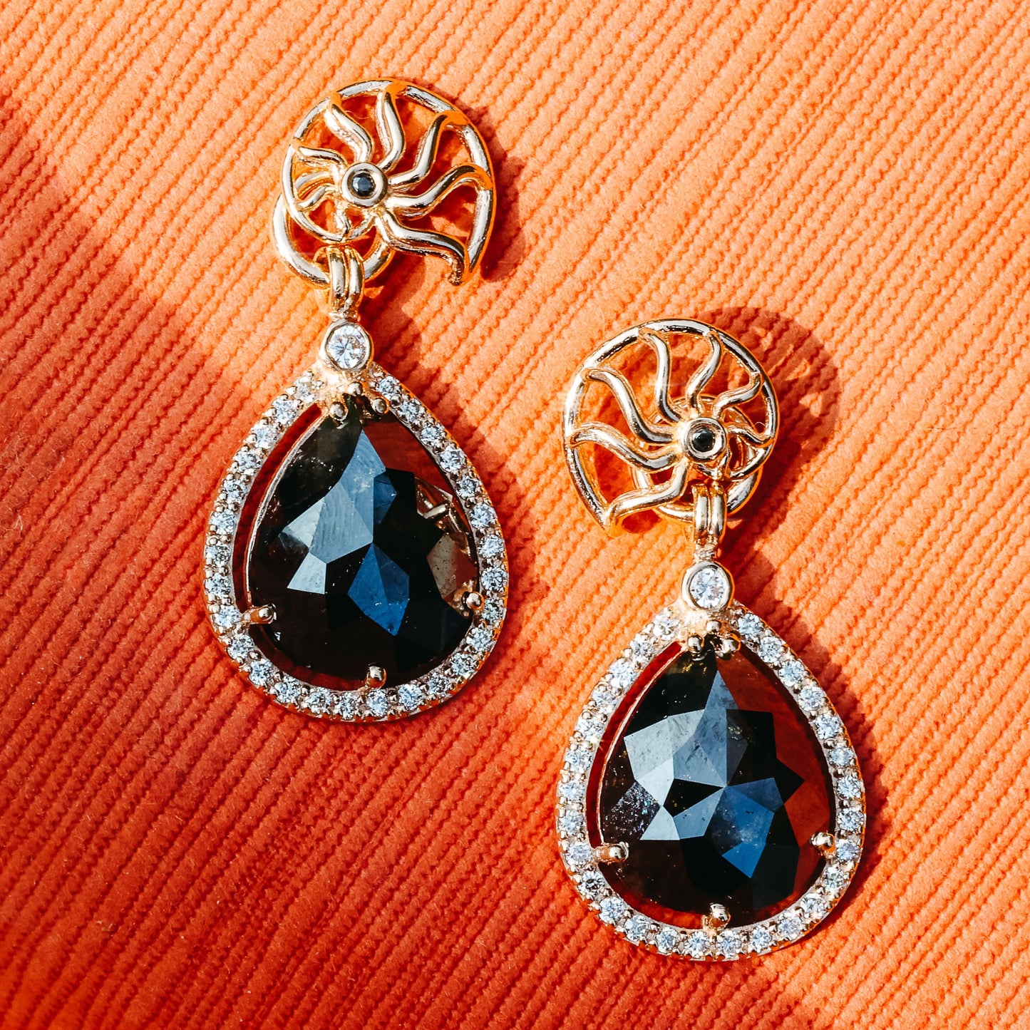 Rose Gold Earring Jackets with Rose Cut Pear Shaped Black Diamonds