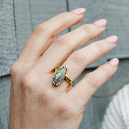 18k Yellow Gold Boulder Opal Wrap Ring with Hidden Rainbow Halo