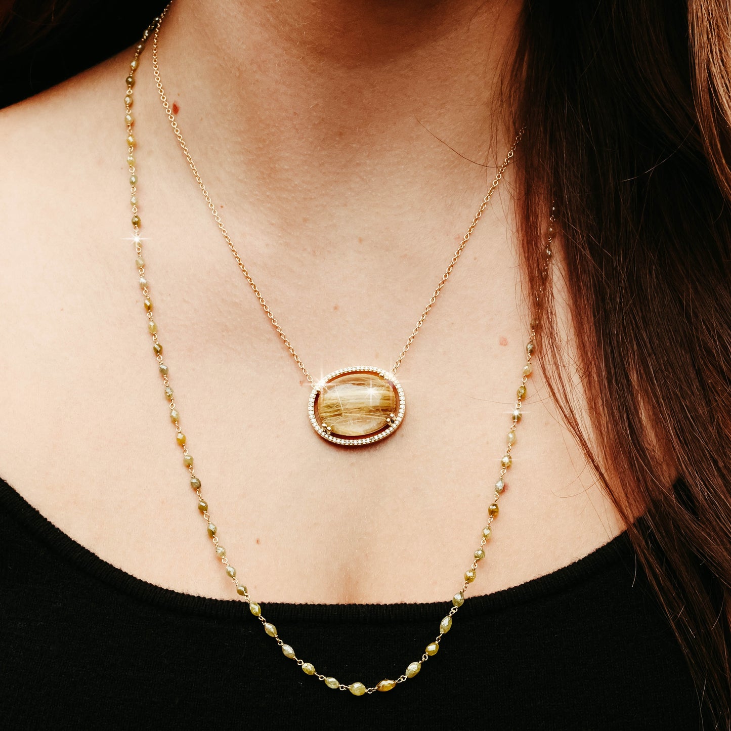 Rutilated Quartz and White Diamond Halo Necklace