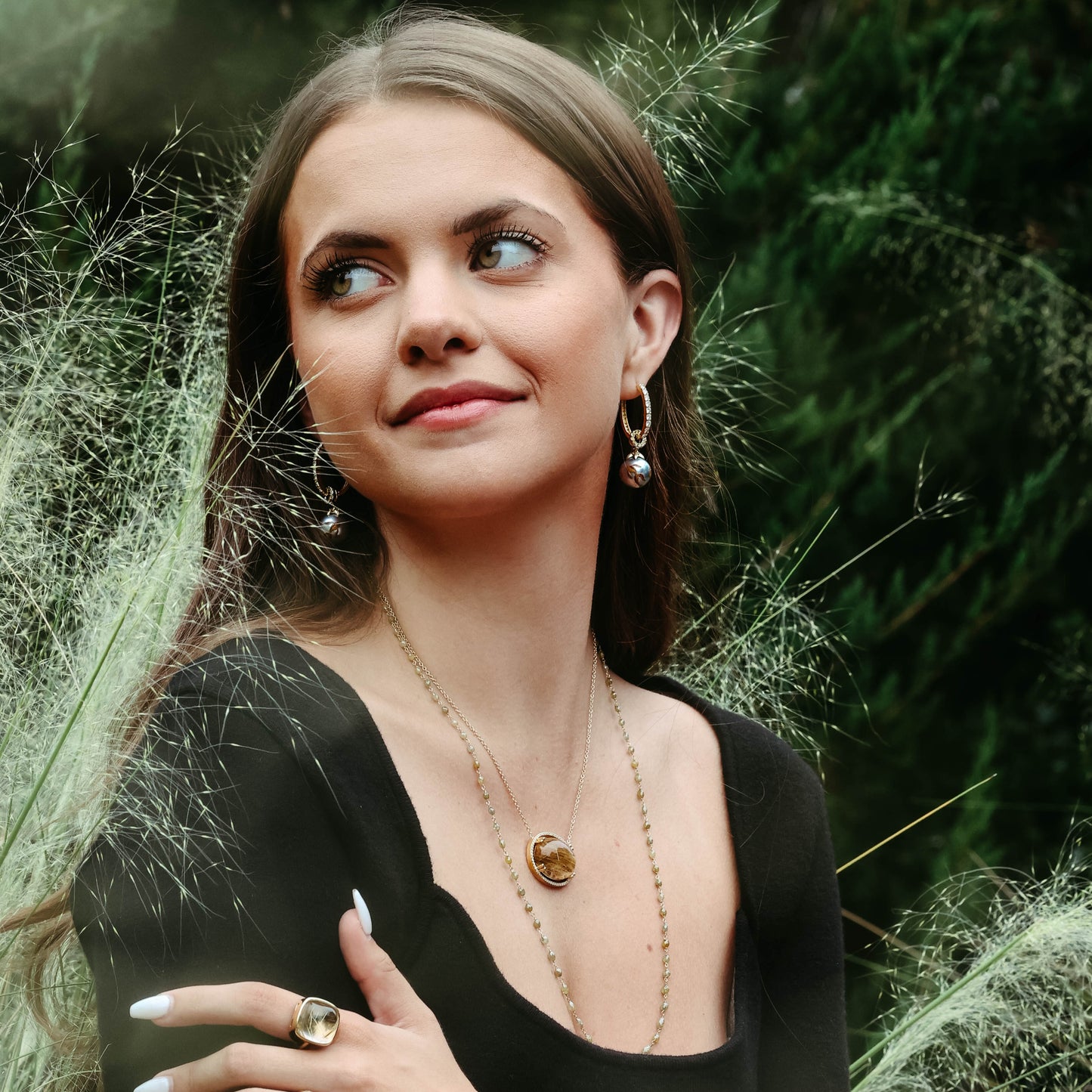 Rutilated Quartz and White Diamond Halo Necklace