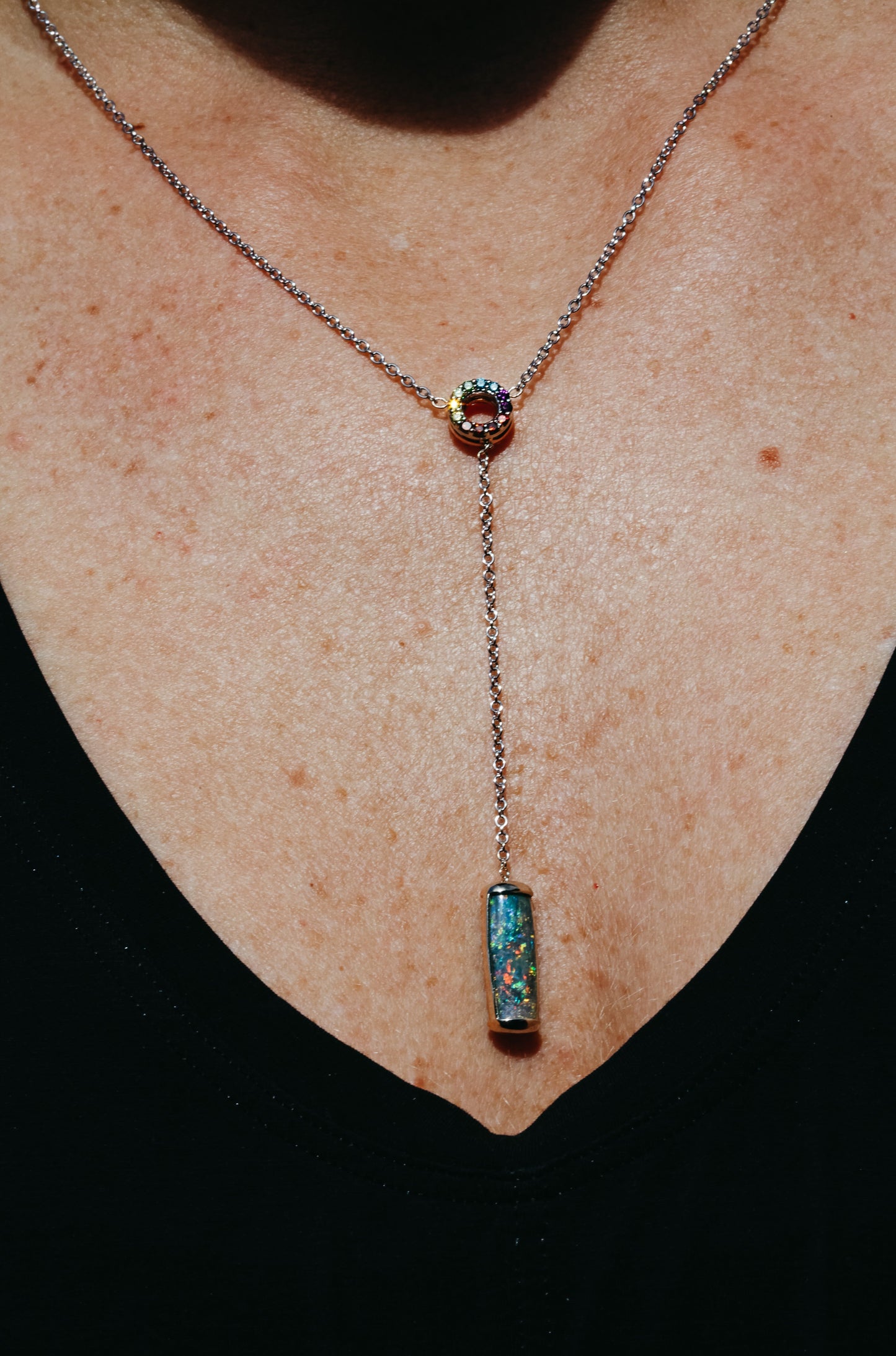 18k Rose and White Gold Opal Lariat Necklace with a Reversible "Sparkle Circle"