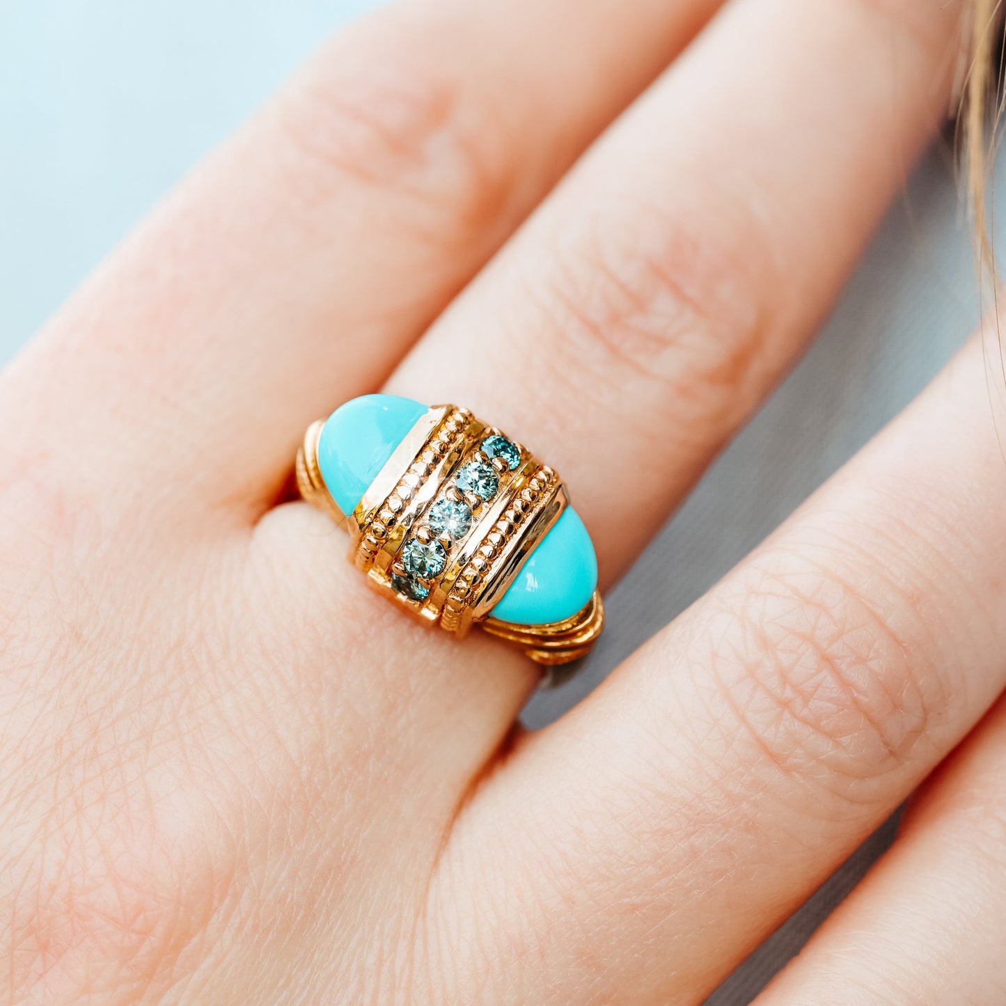 Rose Gold Turquoise and Aqua Blue Diamond Arch Ring