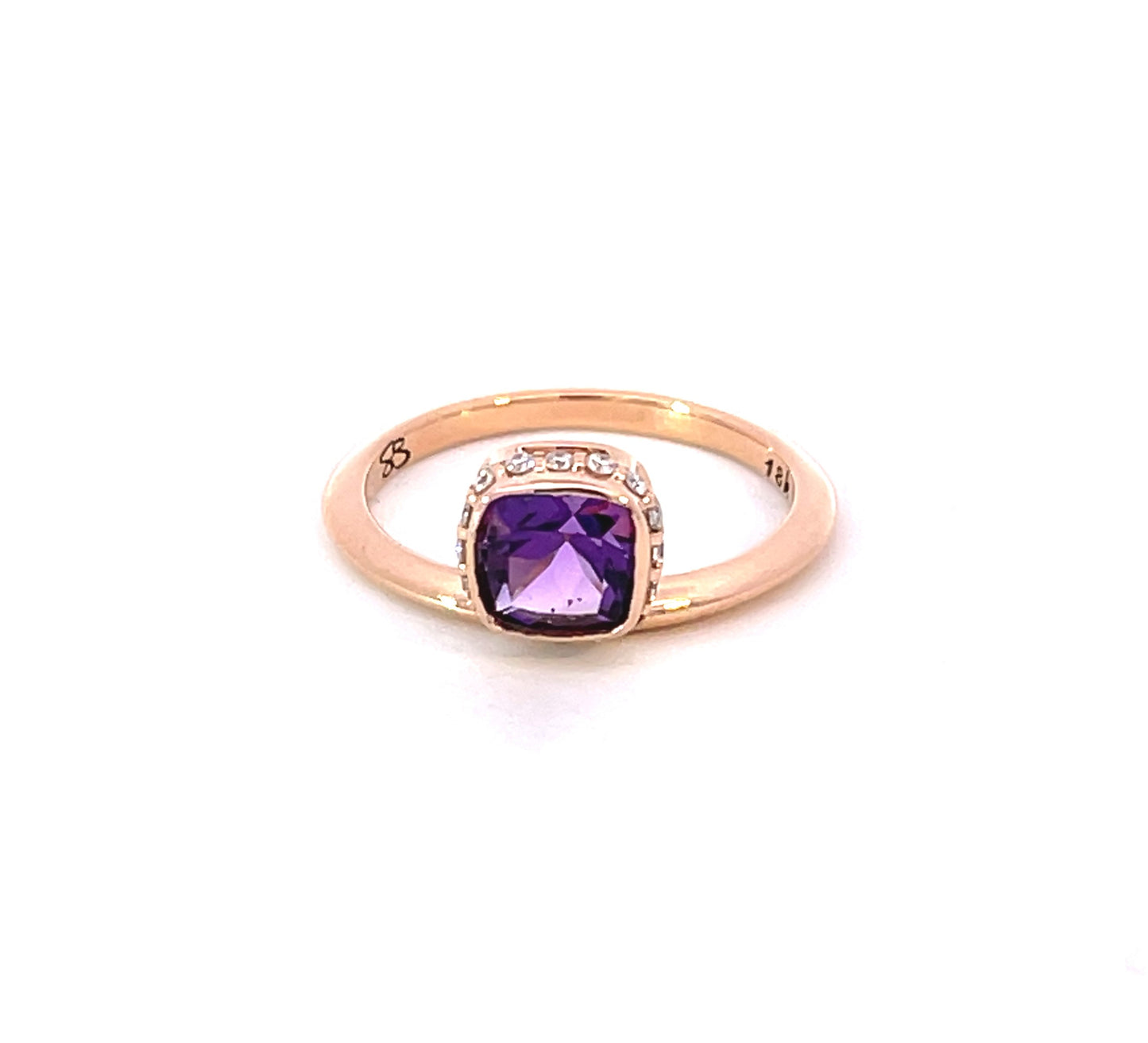 18k Rose Gold Offset Cushion Cut Amethyst Ring