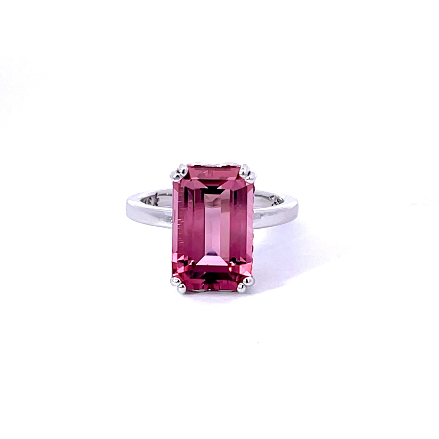 18k White Gold Pink Tourmaline Ring accented by two Rainbow Hidden Halos