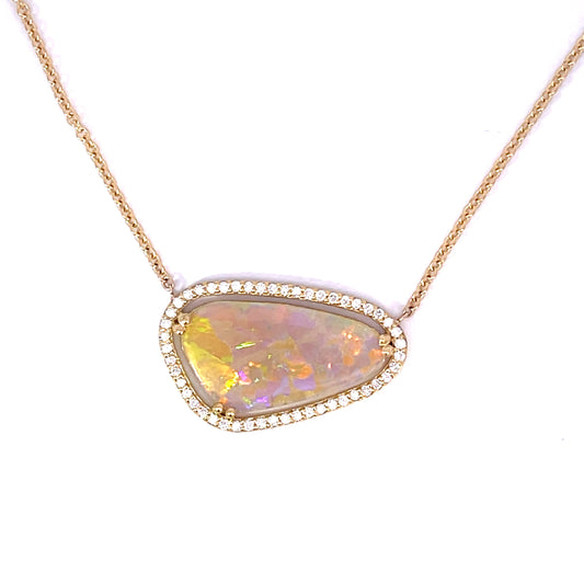 18k Yellow Gold Opal Necklace with a Diamond Halo
