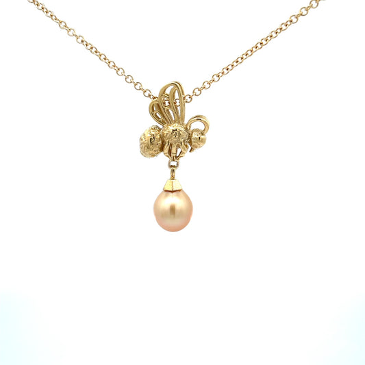 18k Yellow Gold and Pearl Bee Pendant with 14k Yellow Gold Chain