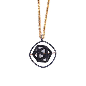 Black Sintered Nylon Fidget Pendant with Oxidized Sterling and 14k Gold on a Gold Filled Chain