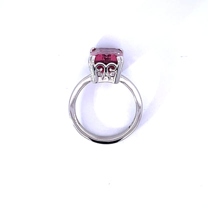 18k White Gold Pink Tourmaline Ring accented by two Rainbow Hidden Halos