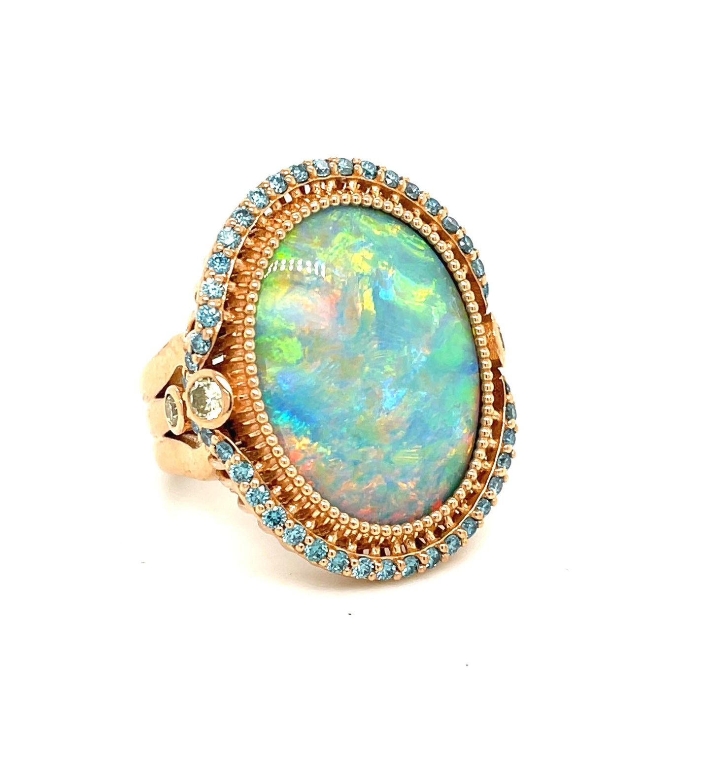 An 18K Rose Gold Australian Opal Ring with Blue and Yellow Diamonds