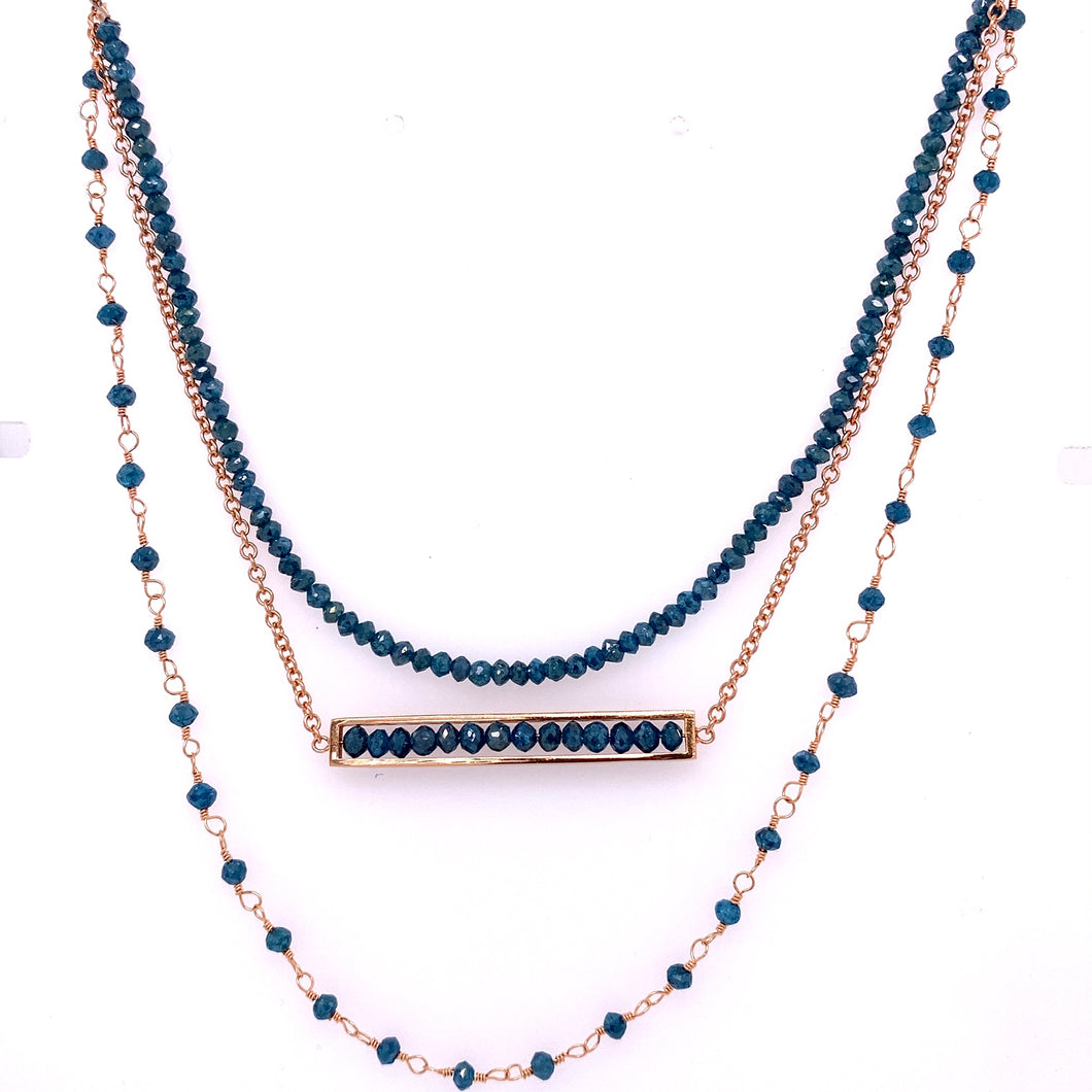 Custom jewelry, 18k rose gold blue diamond triple necklace, Sydney Strong, Greenville, South Carolina