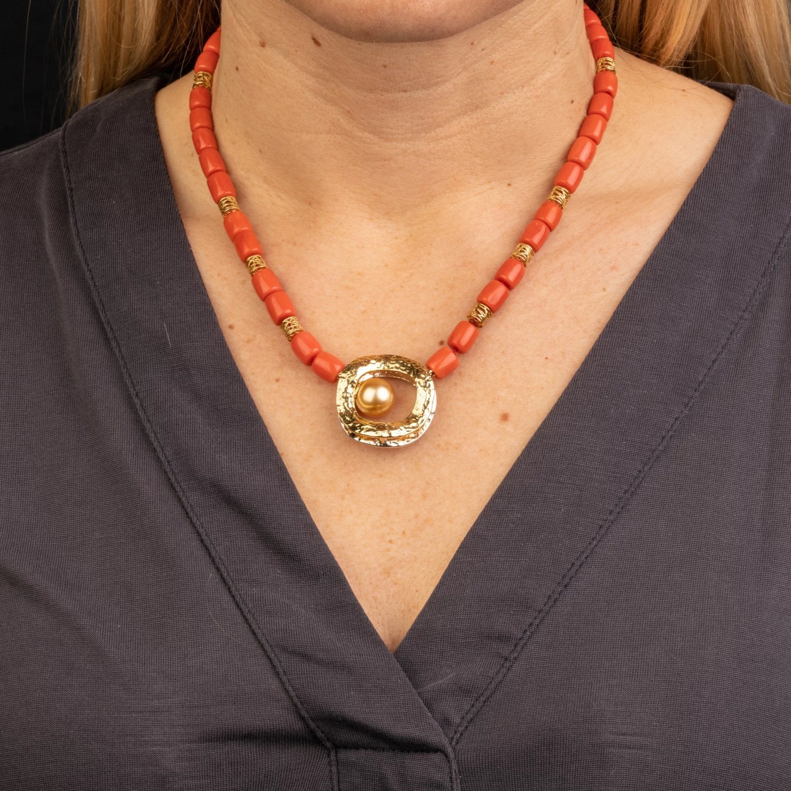 Custom Jewelry, Coral and gold bead necklace, Wavy O pearl clasp, llyn strong, Greenville, South Carolina