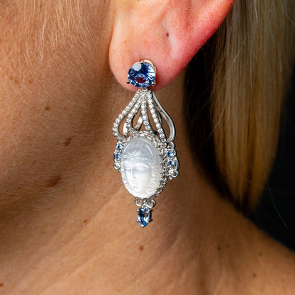 Custom jewelry, Lady in the moonstone, blue sapphire studs, llyn strong, Greenville, South Carolina