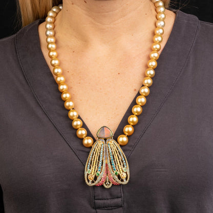 Custom jewelry, Moth brooch and clasp, golden pearl strand, llyn strong, Greenville, South Carolina