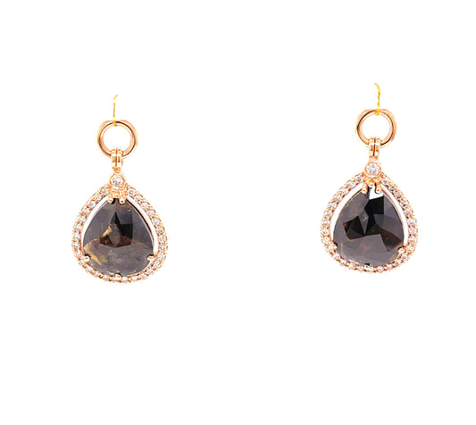 Rose Gold Earring Jackets with Rose Cut Pear Shaped Black Diamonds