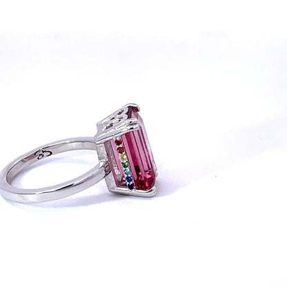 18k White Gold Pink Tourmaline Ring accented by two Rainbow Hidden Halos