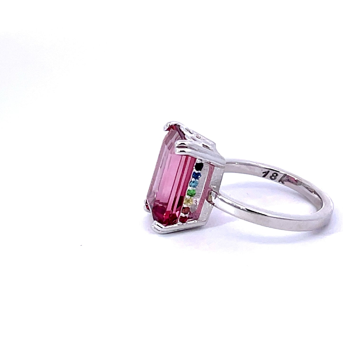 18k White Gold Pink Tourmaline Ring accented by two Rainbow Hidden Halos